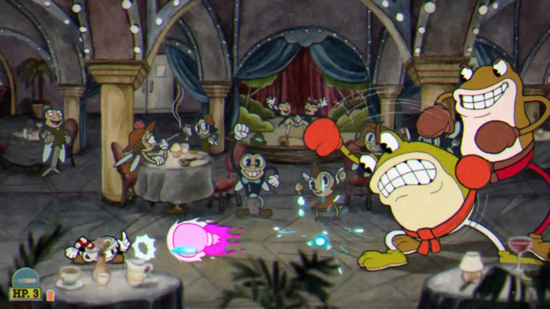 صحنه مبارزه با یک باس در بازی Cuphead با گرافیک کارتونی