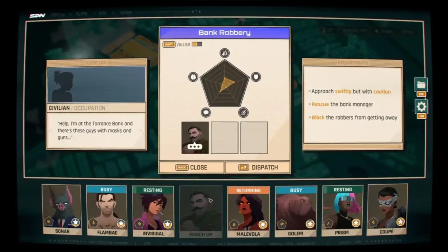 صحنه ای از بازی Dispatch مرحله انتخاب ابرقهرمان ها برای انجام مأموریت