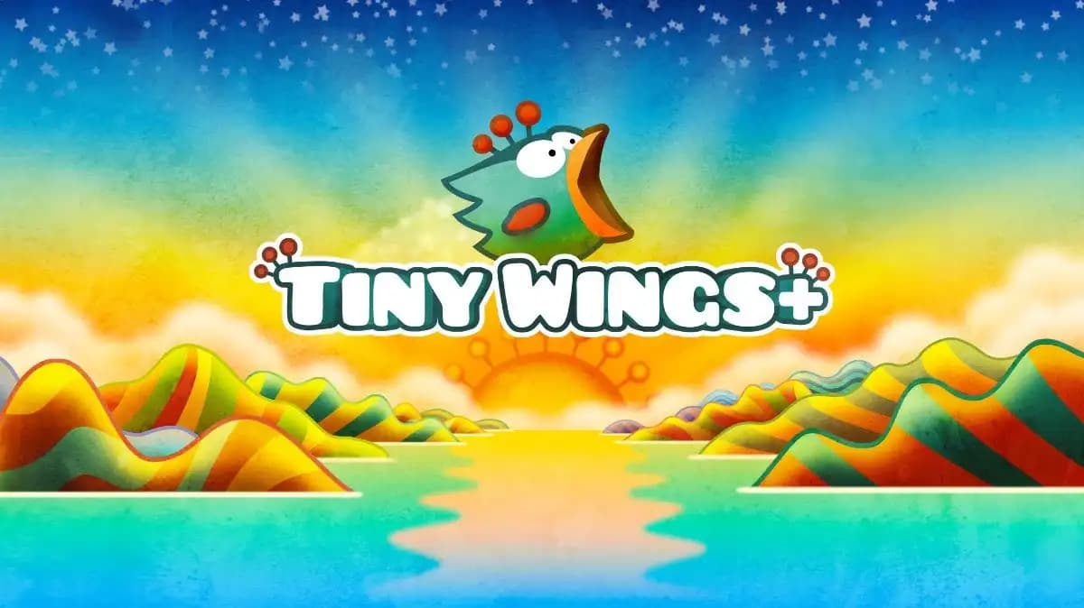 گرافیک رنگارنگ بازی Tiny Wings با پرنده‌ای کوچک که روی تپه‌ها پرواز