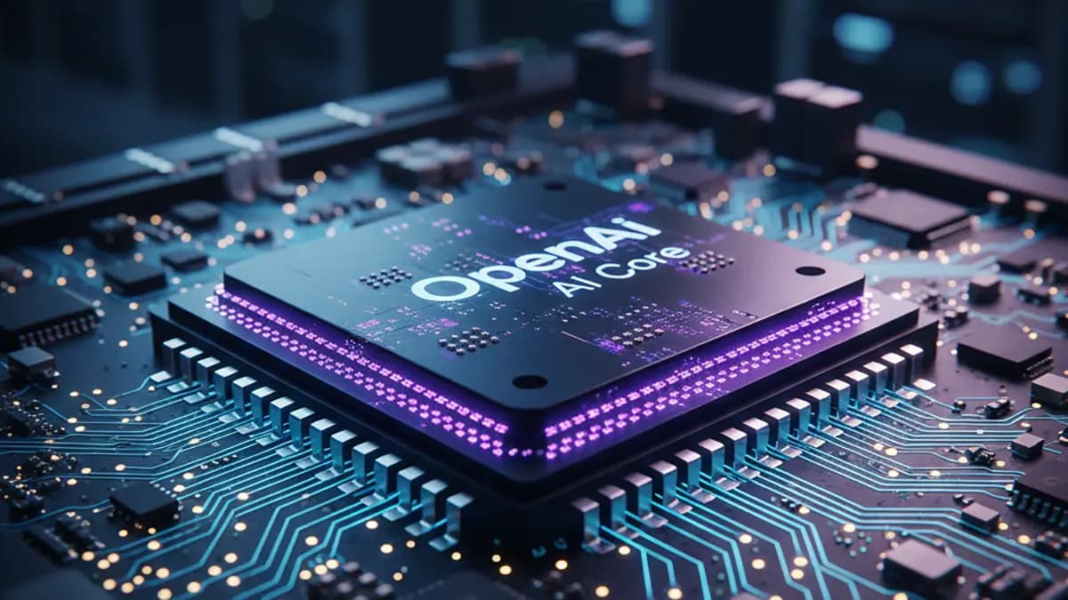 نمای نزدیک از یک میکروتراشه هوش مصنوعی با برند OpenAI و عبارت "AI Core" که با نورهای بنفش و آبی درخشان شده است و روی یک برد مدار الکترونیکی با اتصالات طلایی قرار دارد، نشان‌دهنده نوآوری سخت‌افزاری.