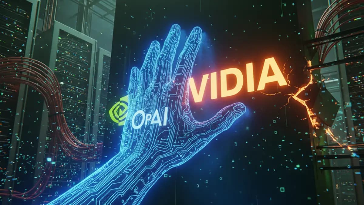 دستی انتزاعی با مدارهای نورانی که نماد OpenAI است، در حال لمس و ایجاد شکاف در بلوکی عظیم با لوگوی Nvidia در یک محیط تاریک و صنعتی دیتاسنتر، نمادی از رقابت و چالش.