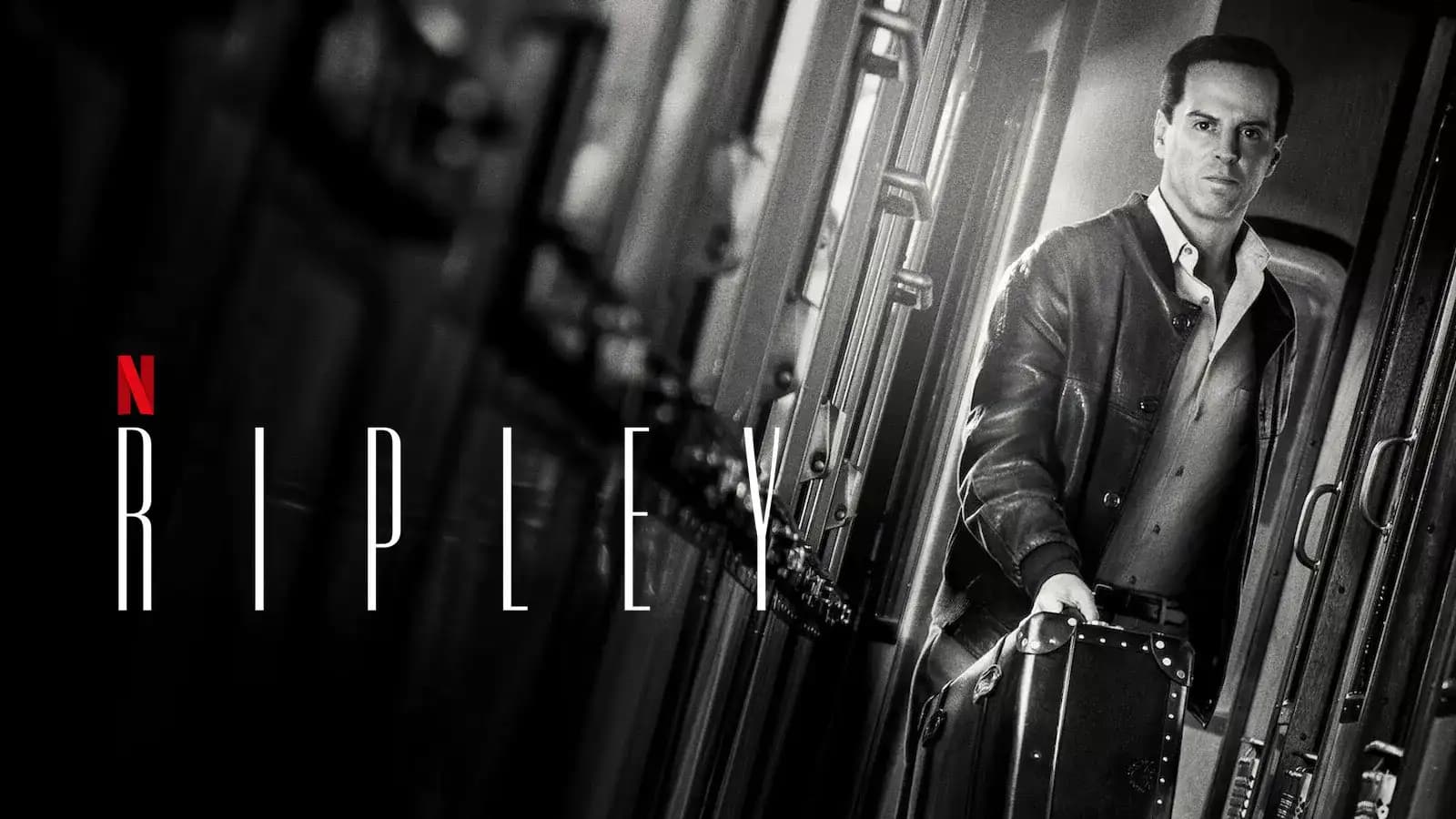 پوستر رسمی سریال Ripley با نمای سیاه‌وسفید از چهره‌ی مرموز اندرو اسکات، نشان‌دهنده لحن سرد و شخصیت پیچیده داستان