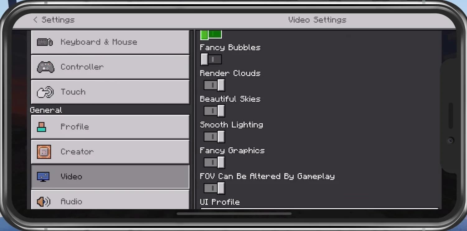 منوی تنظیمات ویدیو ماینکرافت اندروید برای بخش Visual Effects 