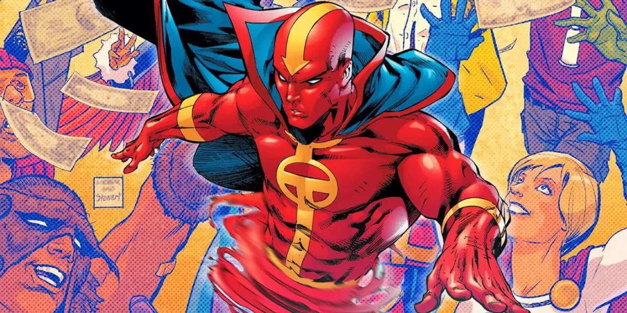 اندرویدی قرمز در میان گردبادی عظیم، در حال پرواز و ایجاد موج باد شدید.