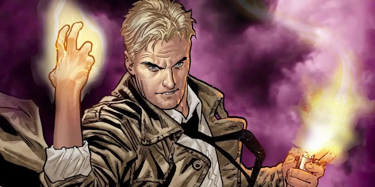 جان کنستانتین با کت بارانی معروف، سیگار روشن و طلسم جادویی در دست، در فضای مه‌آلود و جادویی.