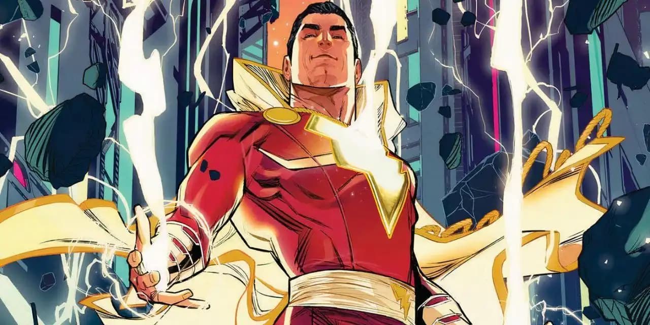 بیلی با فریاد "SHAZAM" و برق زرد اطرافش، در حال تبدیل به شزم در میان آسمانی طوفانی.