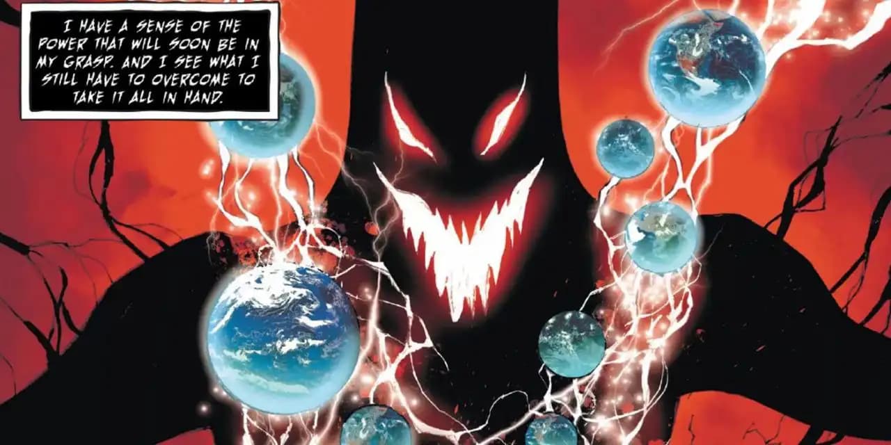 بتمنی با لبخند جوکری، شنل تاریک، چشمان قرمز درخشان، در حال رهبری ارتش نسخه‌های تاریک از خودش.