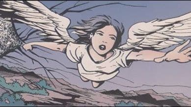 الین بلک با بال‌های نورانی، در میان کهکشان، دستانش باز، در حال کنترل نظم خلقت.