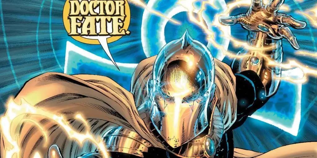 دکتر فیت با کلاه نبو در حال معلق‌بودن، با حلقه‌های طلسمی در اطراف بدنش در دنیایی بین‌بُعدی.