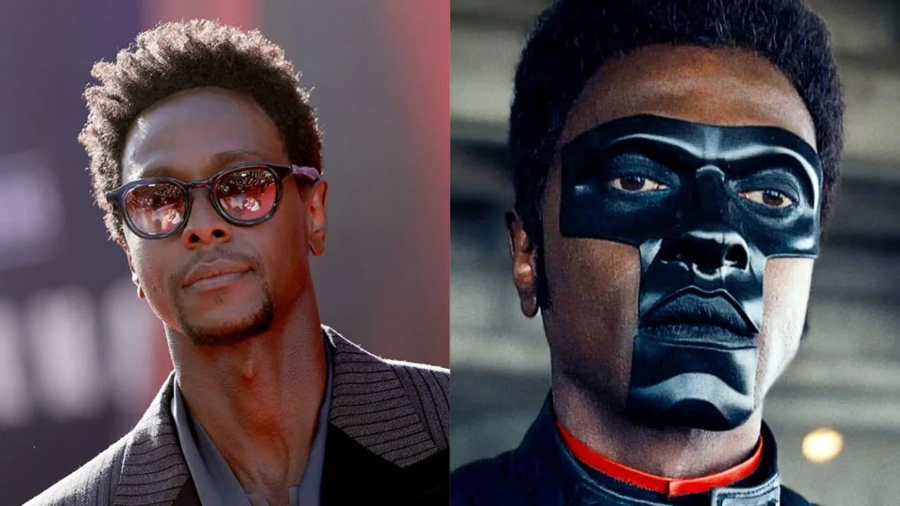 ادی گاتگی در نقش مستر ترریفیک با لباس مخصوص و دیسک‌های تکنولوژیک در Superman 2025