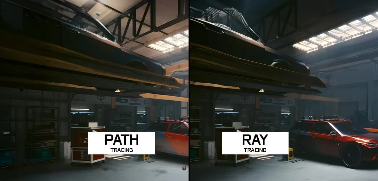 مقایسه تصویری تفاوت کیفیت نورپردازی و سایهها بین دو فناوری ری تریسینگ (Ray Tracing) و پث تریسینگ (Path Tracing) در محیط گاراژ خودرو.