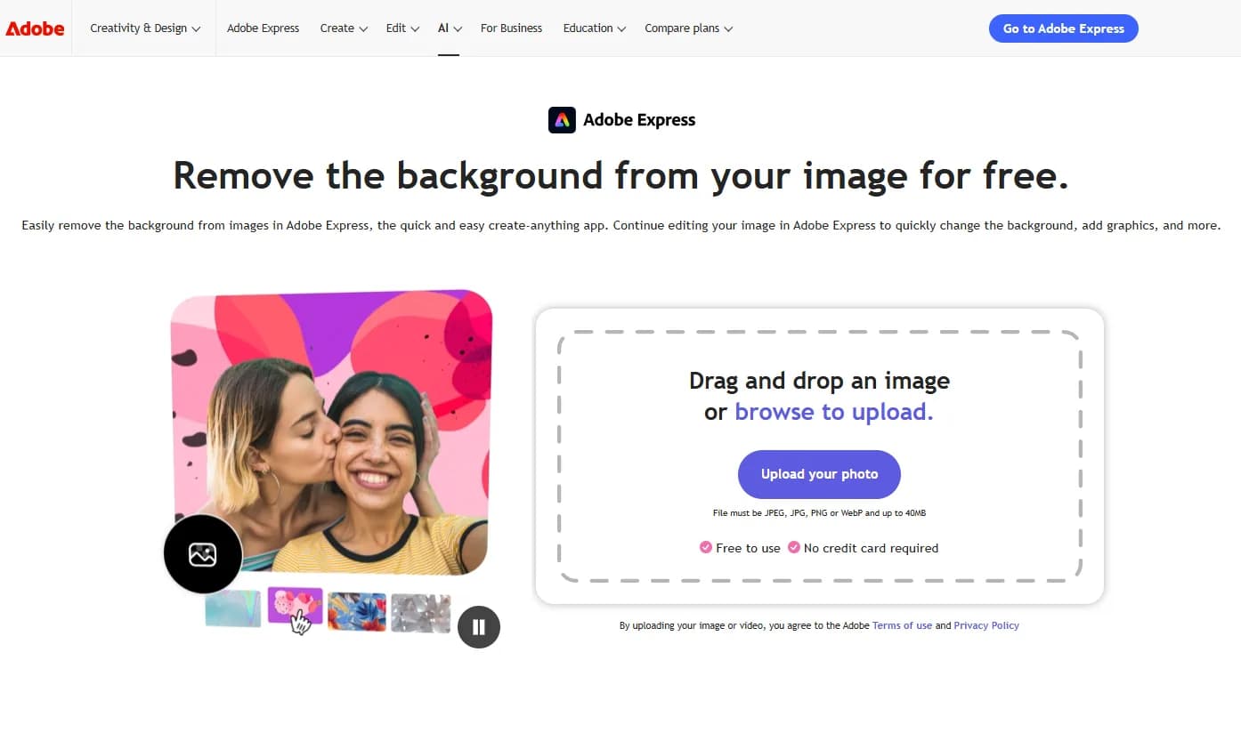 محیط کاربری Adobe Express برای حذف عکس بک گراند