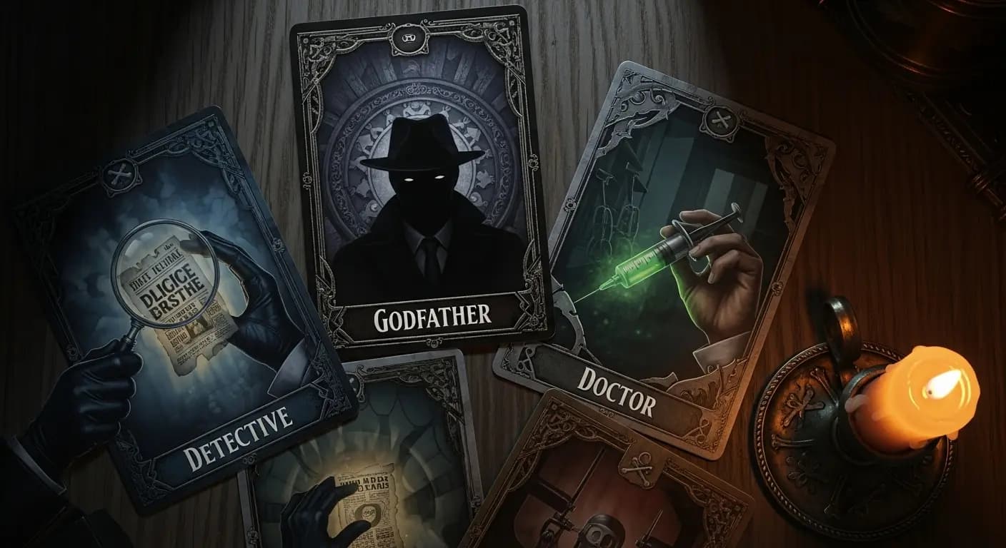 نمایی از کارتهای مختلف شخصیتها و نقشها در قوانین بازی مافیا