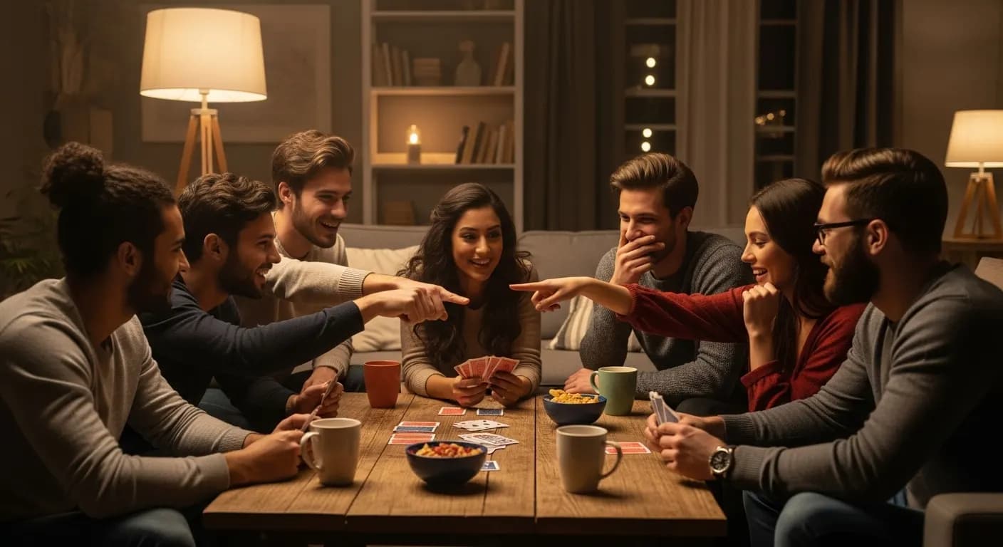 گروهی از دوستان که دور هم جمع شدهاند و با هیجان در حال یادگیری قوانین بازی مافیا هستند