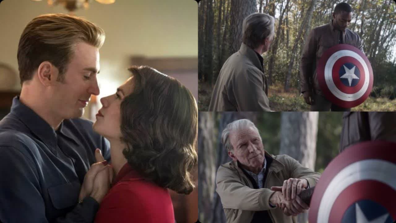 استیو راجرز جوان و پگی جوان در حال رقص و استیو راجرز پیر در حال دادن سپر به سم ویلسون