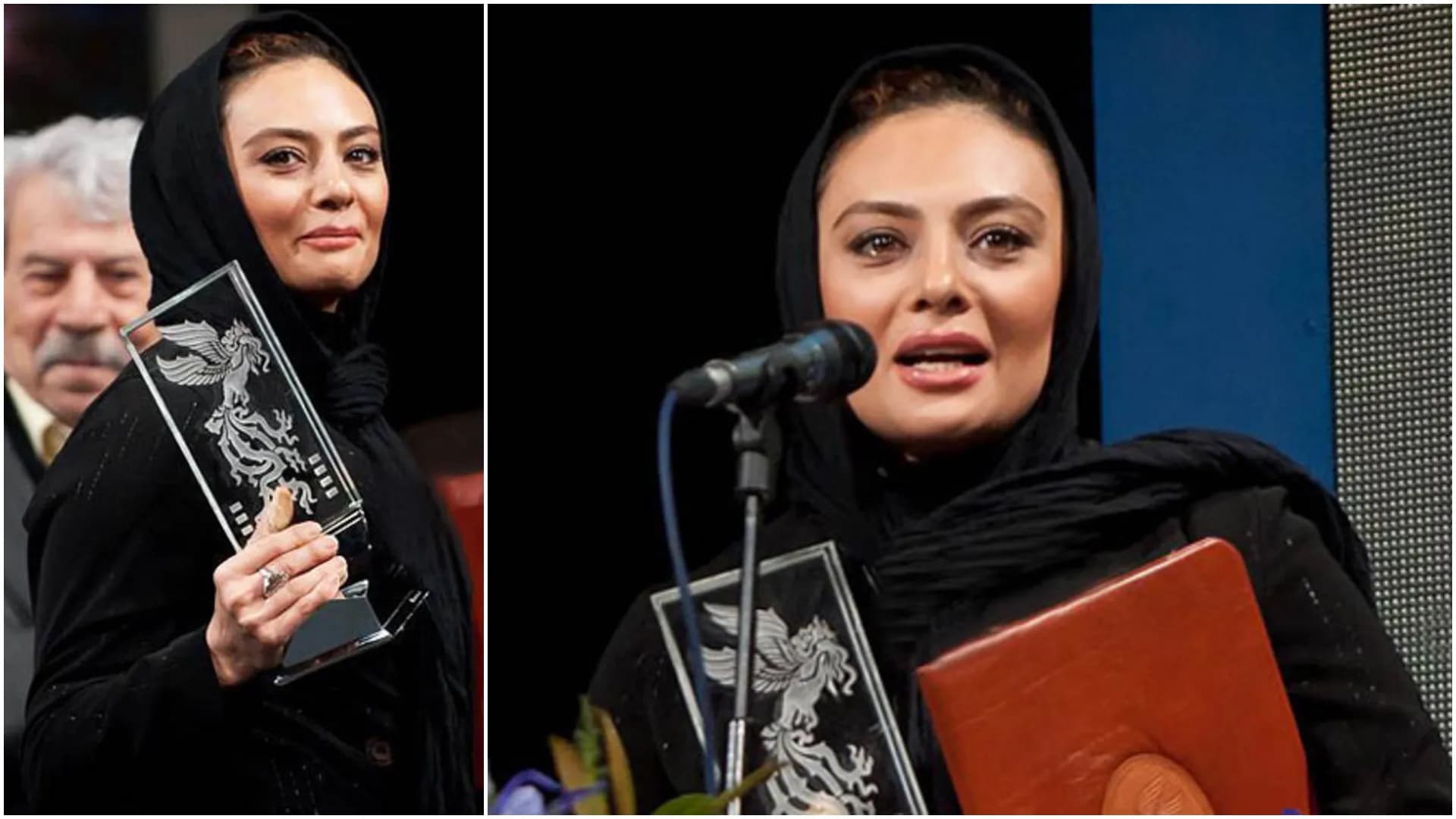 تصویر یکتا ناصر هنگام دریافت سیمرغ بلورین